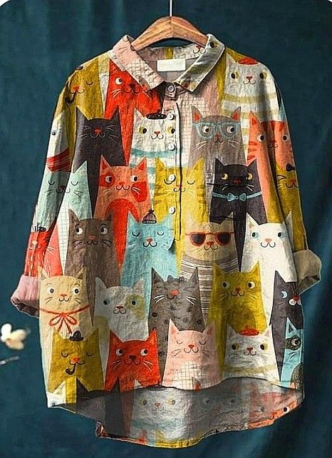 Rocío | Blusa Casual da Donna con Stampa Artistica di Gatto