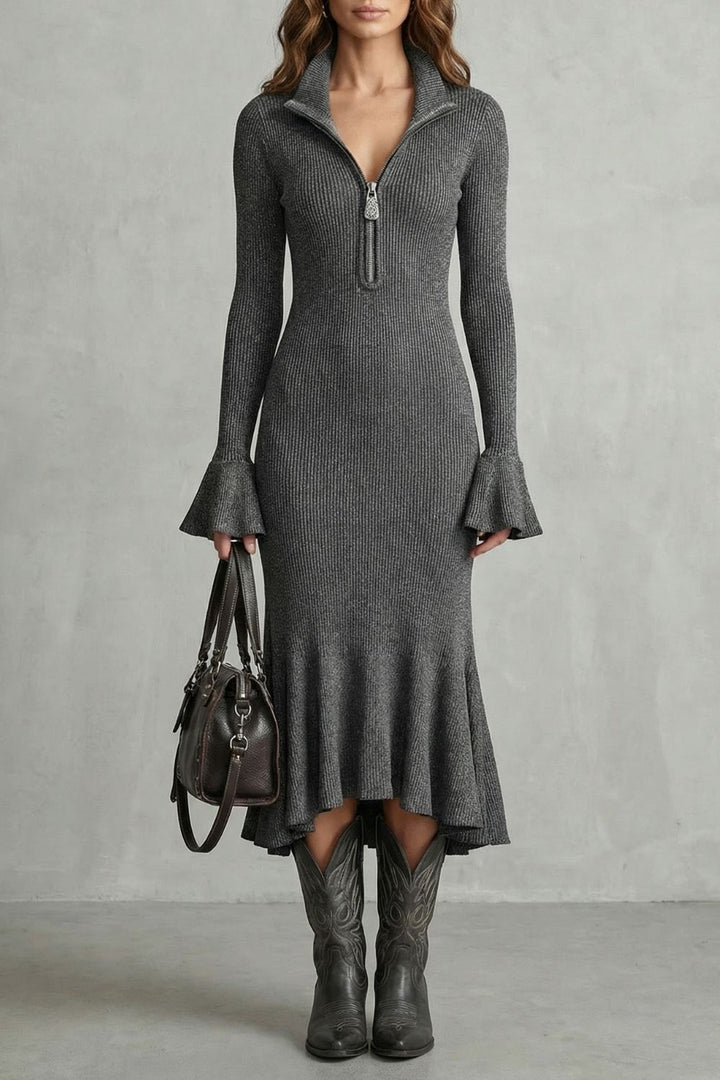 Veloria – Elegante Abito Midi con Maniche Svasate e Zip