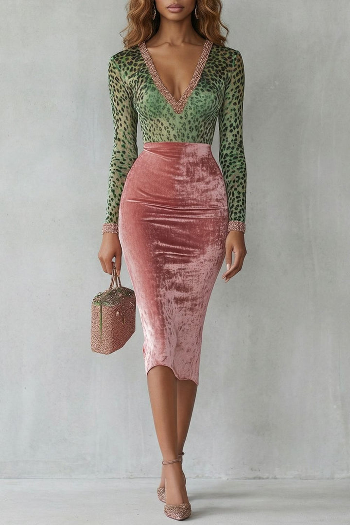 Virelline – Abito Midi Bodycon in Velluto con Stampa Leopardo a Contrasto